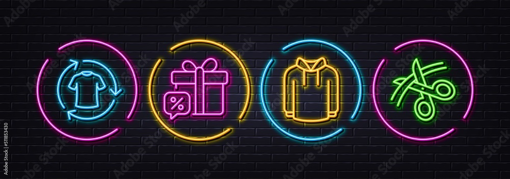 Change clothes, Sale gift and Hoody minimal line icons. Neon laser 3d lights. Scissors icons. For web, application, printing. Shirt, Discounts, Fashion sweatshirt. Cutting ribbon. Vector
