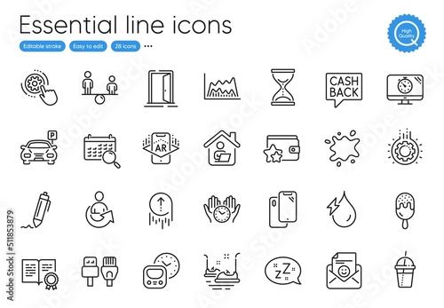 Cogwheel settings, Smartphone and Bumper cars line icons. Collection of Safe time, Metro, Equity icons. Sleep, Hydroelectricity, Parking web elements. Money transfer, Coffee cocktail. Vector