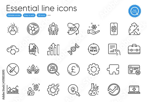 Analysis graph, Energy and Air fan line icons. Collection of Chemistry dna, Pound money, Full rotation icons. Medical help, Fake news, Freezing web elements. Portfolio, Recovery gear. Vector
