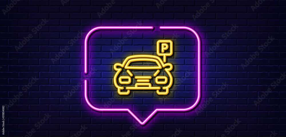 Neon light speech bubble. Car parking line icon. Auto park sign. Transport place symbol. Neon light background. Parking glow line. Brick wall banner. Vector Neon light speech bubble. Car parking line icon. Auto park sign. Transport place symbol. Neon light background. Parking glow line. Brick wall banner. Vector