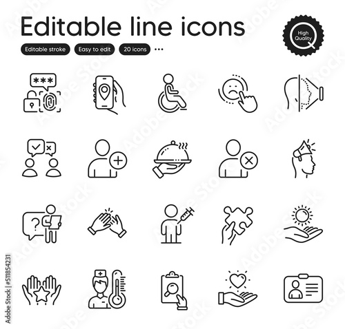Set of People outline icons. Contains icons as Face id  People voting and Dislike elements. Search employee  Restaurant food  Id card web signs. Thermometer  Inspect  Clapping hands elements. Vector
