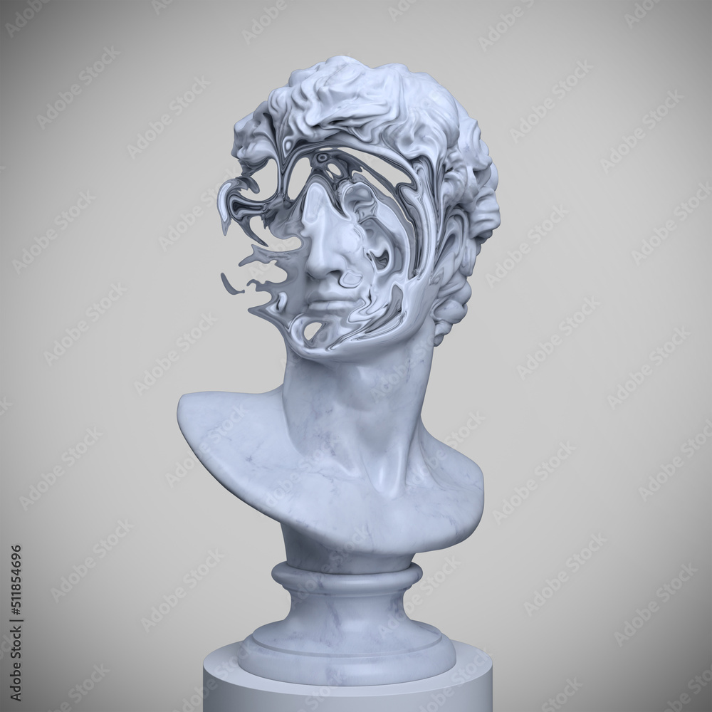 Abstract concept illustration from 3D rendering of marble male classical bust on pedestal with liquified unrecognizable messy face isolated on background. Abstract concept illustration from 3D rendering of marble male classical bust on pedestal with liquified unrecognizable messy face isolated on background.