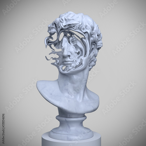 Abstract concept illustration from 3D rendering of marble male classical bust on pedestal with liquified unrecognizable messy face isolated on background.