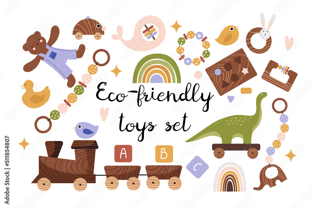 Hand drawn set with different wooden eco toys for babies and toddlers. Flat style isolated vector illustrations