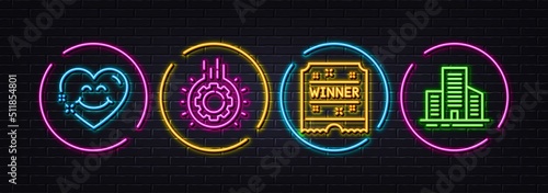 Smile face, Winner ticket and Gear minimal line icons. Neon laser 3d lights. Buildings icons. For web, application, printing. Love heart, Carousels award, Work process. City architecture. Vector