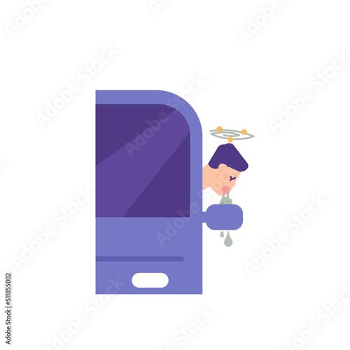 nausea, dizziness, vomiting, colds, motion sickness. a man vomits in a car window. sick, unfit body, health problems. flat cartoon illustration. concept design. vector
