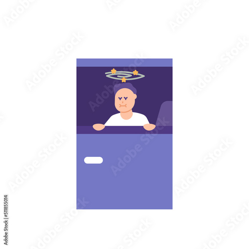 nausea, dizziness, vomiting, colds, motion sickness. a man is holding back from throwing up in a car. sick, unfit body, health problems. flat cartoon illustration. concept design. vector