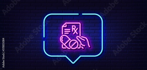 Neon light speech bubble. Prescription Rx recipe line icon. Medicine drugs pills sign. Neon light background. Prescription drugs glow line. Brick wall banner. Vector