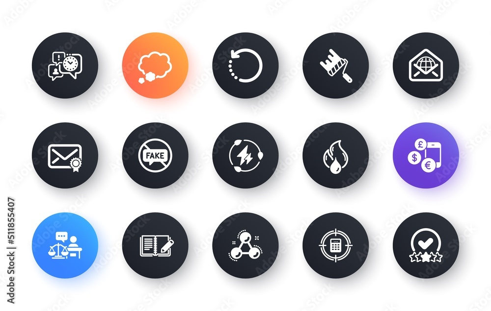 Minimal set of Paint roller, Court judge and Fake news flat icons for web development. Recovery data, Chemistry molecule, Calculator target icons. Flammable fuel, Currency rate. Vector Minimal set of Paint roller, Court judge and Fake news flat icons for web development. Recovery data, Chemistry molecule, Calculator target icons. Flammable fuel, Currency rate. Vector