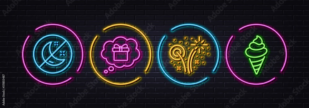 Fireworks, Gift dream and Insomnia minimal line icons. Neon laser 3d lights. Ice cream icons. For web, application, printing. Pyrotechnic salute, Receive a gift, Stop sleep. Sundae cone. Vector