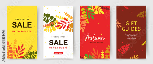 Autumn sale banner set. Vector social media post background with falling leaves. Colorful promotion template