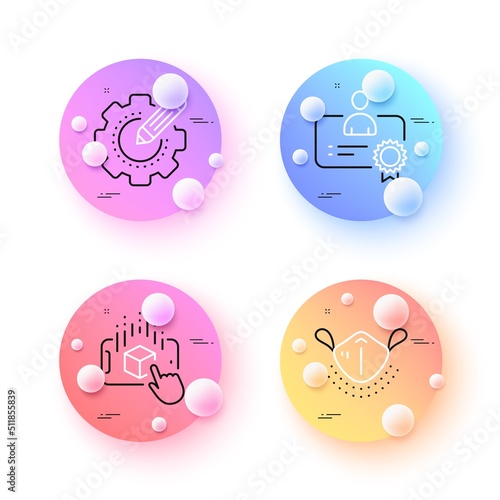 Augmented reality, Medical mask and Settings gear minimal line icons. 3d spheres or balls buttons. Certificate icons. For web, application, printing. Vector