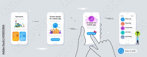 Set of Musical note, Parcel tracking and Prohibit food line icons. Phone ui interface. Include Lock, Online test, Discounts icons. Mountain flag, Vinyl record, Cloud computing web elements. Vector