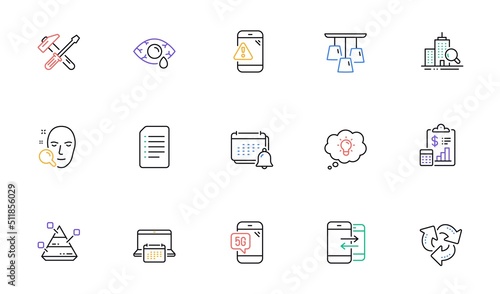 Inspect, Recycle and Energy line icons for website, printing. Collection of Report, Hammer tool, Face search icons. Ceiling lamp, Pyramid chart, Phone communication web elements. Vector