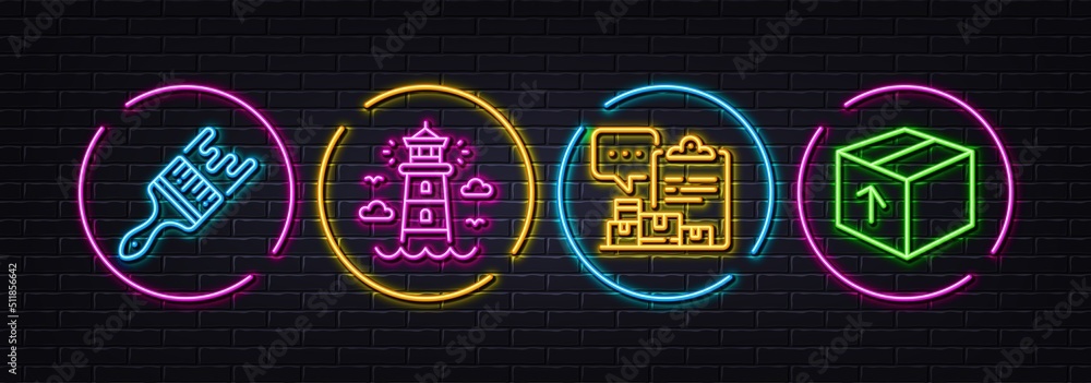 Inventory report, Brush and Lighthouse minimal line icons. Neon laser 3d lights. Package icons. For web, application, printing. Warehouse control, Art brush, Beacon tower. Delivery pack. Vector