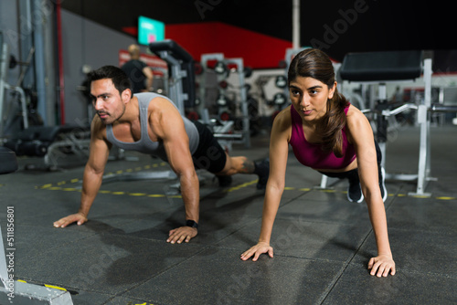 Attractive couple working out together