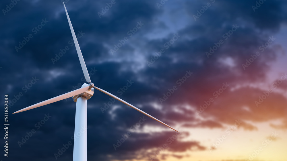 Windmill in evening sky. Fragment of wind turbine. Wind farm in cloudy sky. Generating electricity from wind. Concept of eco-friendly extraction of energy resources. Selective focus.