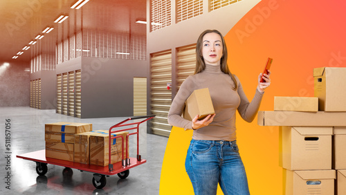 Woman near storage room. Co...