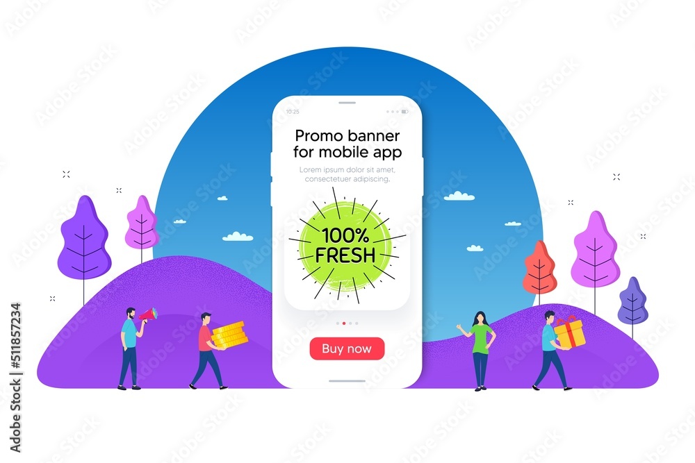 Fototapeta premium Fresh organic food banner. Phone ui interface banner. Nature bio product tag. Vegetarian eco icon. Mobile smartphone promo banner. Fresh food tag. Man with gift box. Vector