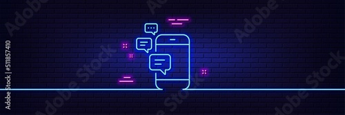 Neon light glow effect. Communication line icon. Smartphone chat symbol. Business messages sign. 3d line neon glow icon. Brick wall banner. Communication outline. Vector