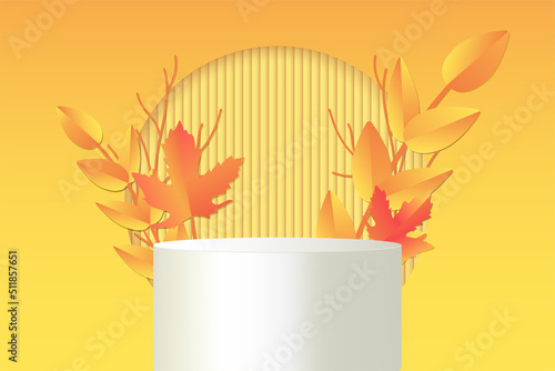 Round display podium mockup on orange background. White geometric rendering platform with branch of autumn leaves. Fall composition on a stage