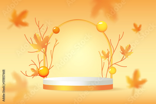 Orange stand podium with blurred leaves on background. Glowing stage with branch and leaf for sale banner. Autumn product display presentation
