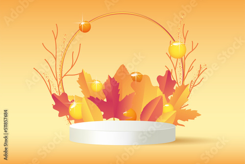 White geometric platform on white gradient background. Golden arc with branches and leaves near orange pedestal podium