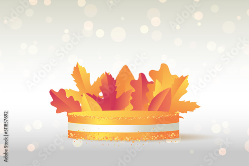 Orange 3d pedestal podium with bouquet of leaves. bokeh and glitter effect on a gradien background with geometric rendering platform