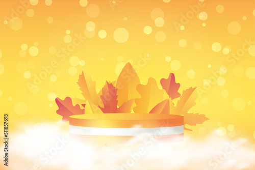 Product display presentation with bokeh and cloud effect on a background. Orange 3d pedestal podium for autumn sale banner