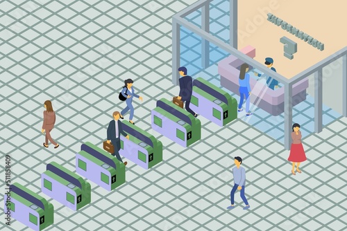 人が行き交う駅の改札前の風景のアイソメトリックイラスト.