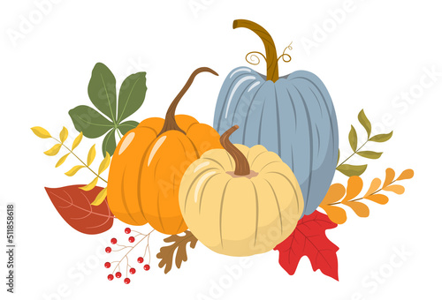 Autumn pumpkins and leaves arrangement. Fall harvest festival invitation, postcard, or banner. Happy Thanksgiving poster. Isolated on white background. Vector illustration.