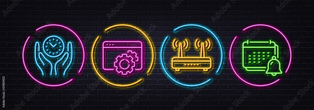 Wifi, Safe time and Seo gear minimal line icons. Neon laser 3d lights. Notification icons. For web, application, printing. Internet router, Management, Settings. Calendar reminder. Vector