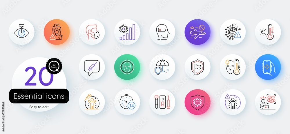 Simple set of Quarantine, Social distance and Medical mask line icons. Include Vaccine message, Weariness, Nurse icons. Covid virus, Eye laser, Shield web elements. Cancel flight. Vector