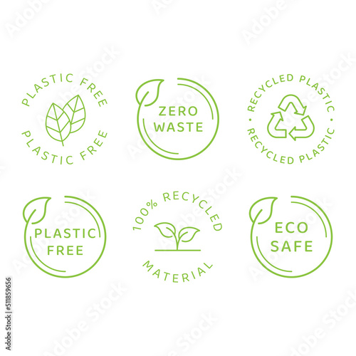 Eco safe, zero waste and recycled material. Vector label set, plastic free, eco friendly with leaf cycle.