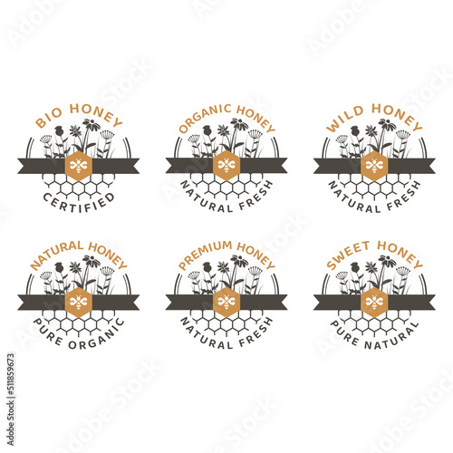 Colorful honey vector label with honeycomb. Bio, organic, natural honey and bee symbol.