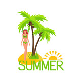 A girl in a swimsuit. Island, palm trees and ocean. Vector
