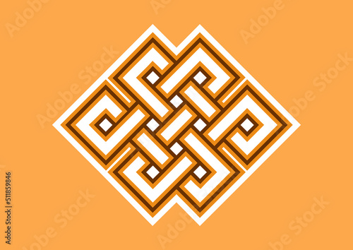 Endless knot buddhist symbol icon vector. Eternal knot icon vector. Ancient tibetan symbol. Spiritual symbol of infinity design element isolated on a orange background