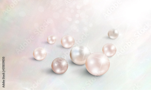 Group of shimmering small and big pink and white pearls on white background photo