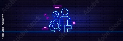 Neon light glow effect. Inspect line icon. Quality research sign. Person verification symbol. 3d line neon glow icon. Brick wall banner. Inspect outline. Vector