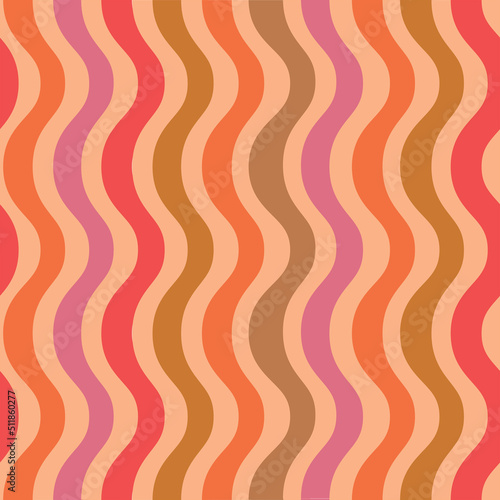 Retro funky waves seamless pattern in orange, pink, red ,beige and green. For retro posters, backgrounds, textile and home décor