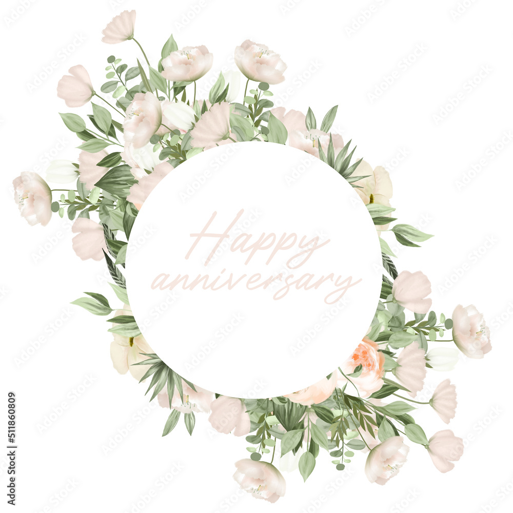 Round frame of greenery and white wildflowers, anniversary floral card template, illustration on white background