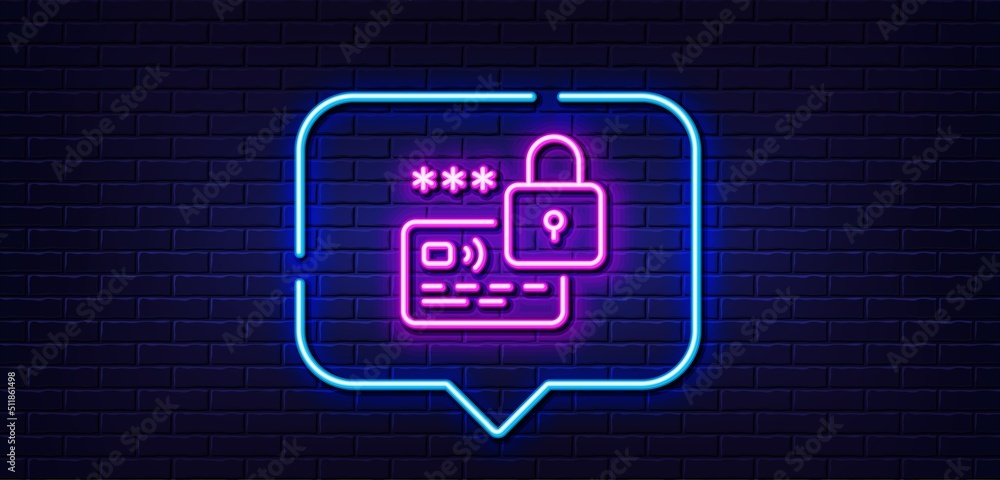 Neon light speech bubble. Lock line icon. Protected credit card sign. Password security symbol. Neon light background. Lock glow line. Brick wall banner. Vector