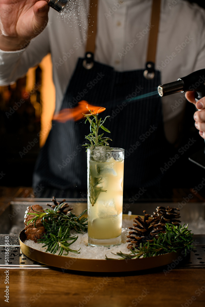 Close-up of glass of drink decorated with a green branch that the bartender sets on fire with a burner