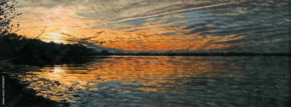 Painted images of the sunset in Mason Neck State Park. With a colorful sky reflected in the water of Belmont Bay. Painted images of the sunset in Mason Neck State Park. With a colorful sky reflected in the water of Belmont Bay.