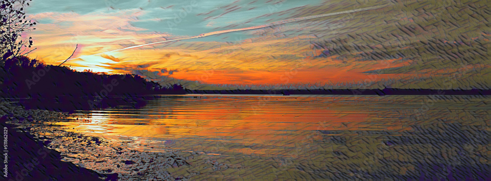 Fototapeta premium Painted images of the sunset in Mason Neck State Park. With a colorful sky reflected in the water of Belmont Bay. 