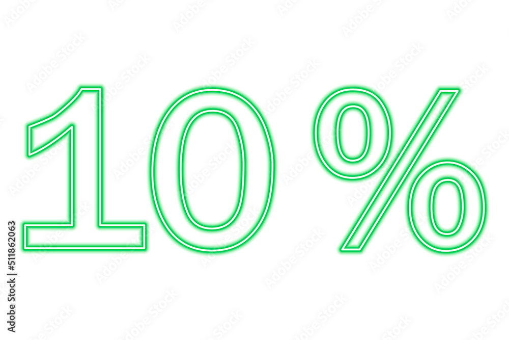 10 percent inscription isolated on white. Green line in neon style.
