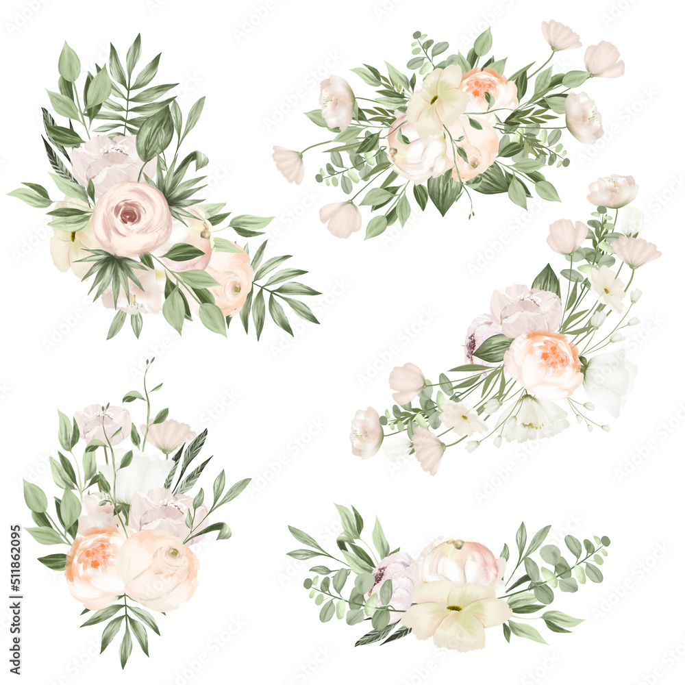 Collection of white peonies and wildflowers bouquets, wedding floral clipart, isolated illustration on white background