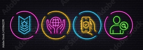 Organic tested, Security app and Shoulder strap minimal line icons. Neon laser 3d lights. Find user icons. For web, application, printing. Safe nature, Smartphone protection, Star rank. Vector