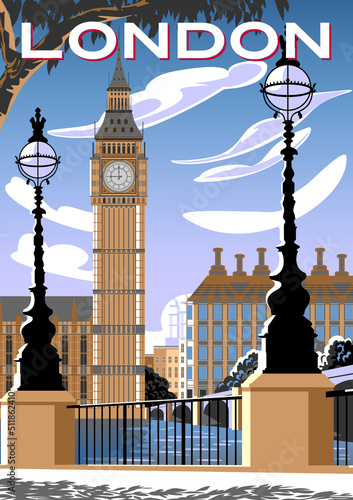 Cityscape with the waterfront in the first plan, Big Ben and the Houses of Parliament in the background. Handmade drawing vector illustration. London retro style poster design.