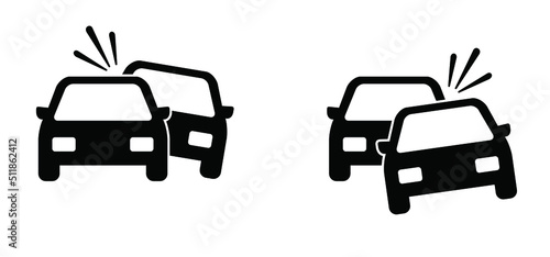 Overturned car or collision of cars pictogram. Cartoon car crash, accident symbol or icon. Road, traffic accident. Crashed cars or service logo.
